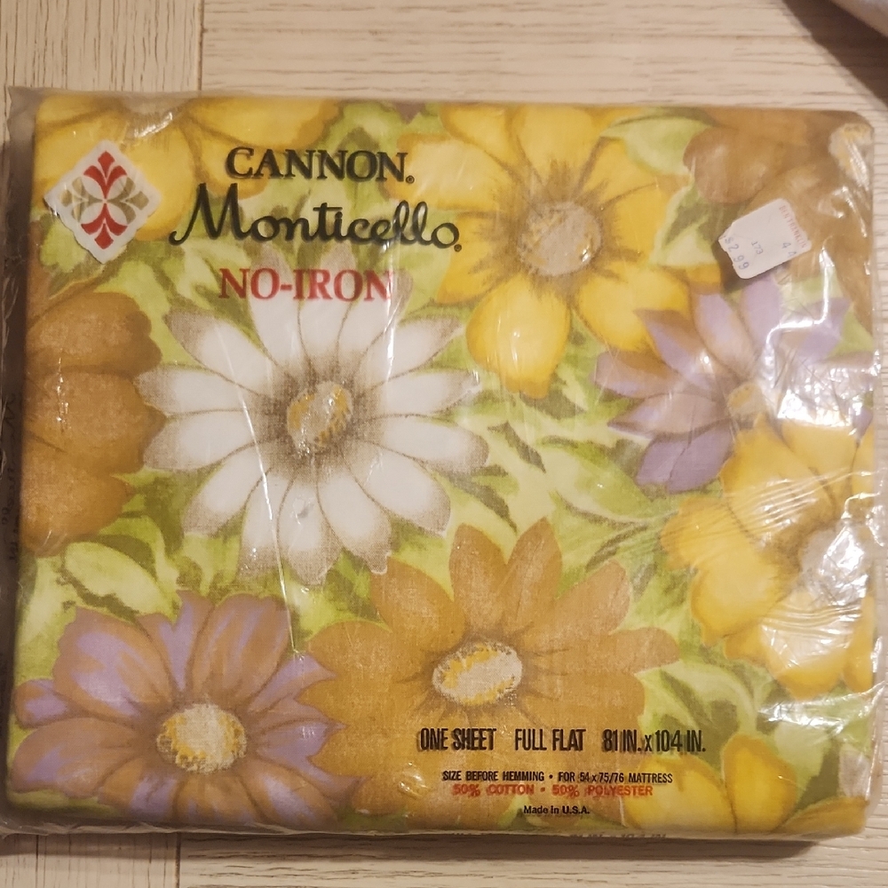 Cannon Monticello No Iron Yellow Purple Floral Full Flat Bed Sheet Vintage New